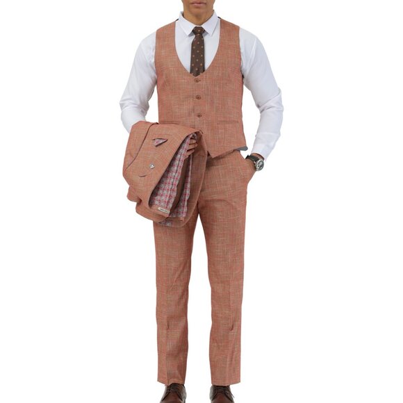 Orange Textured Windowpane Peak Lapel 3 Piece Stacy Adams Men's Suit - Picture 3 of 3